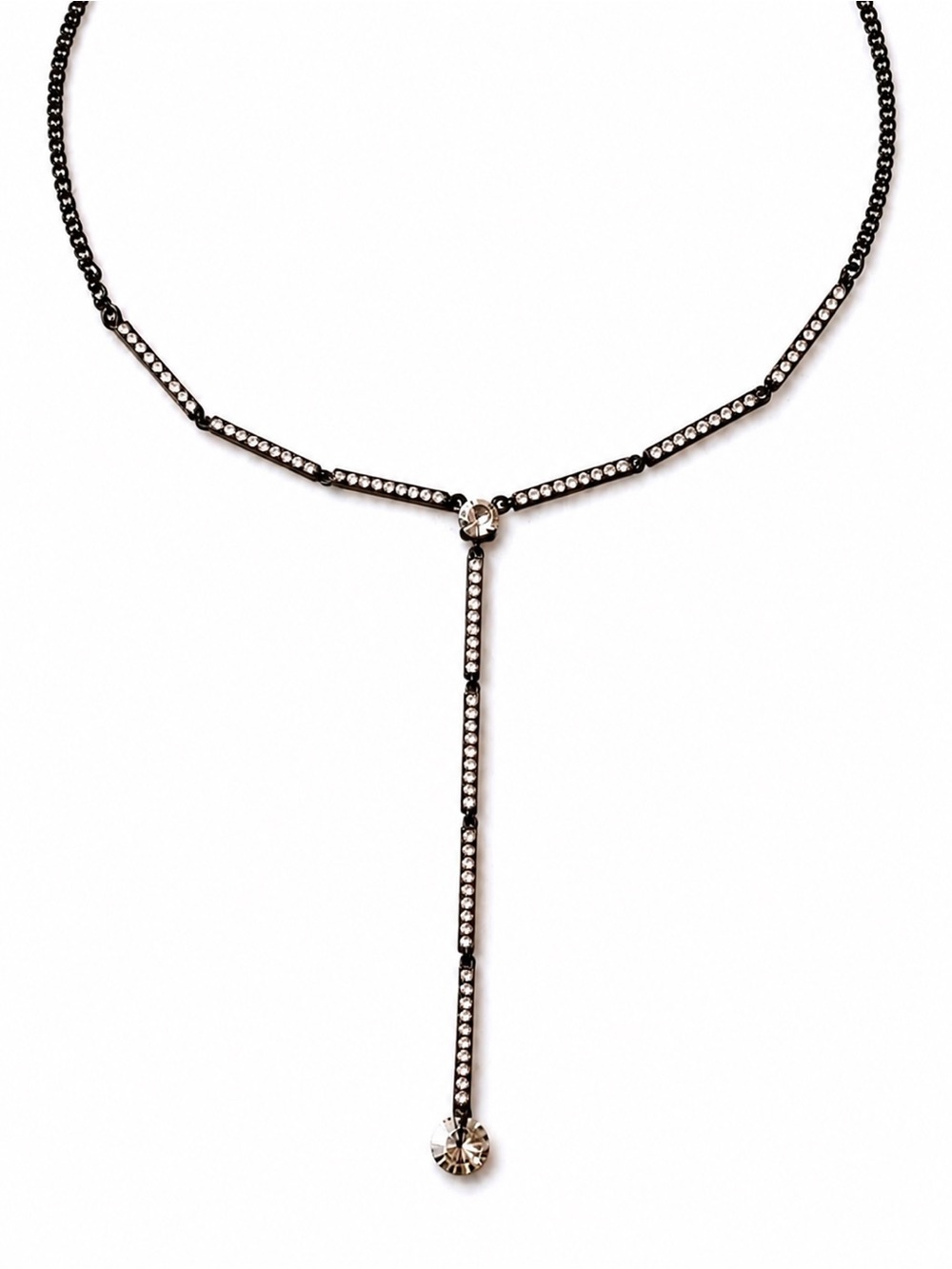 Givenchy Crystal Y-Drop Necklace Black Gunmetal Tone Rhinestone Statement Neckla